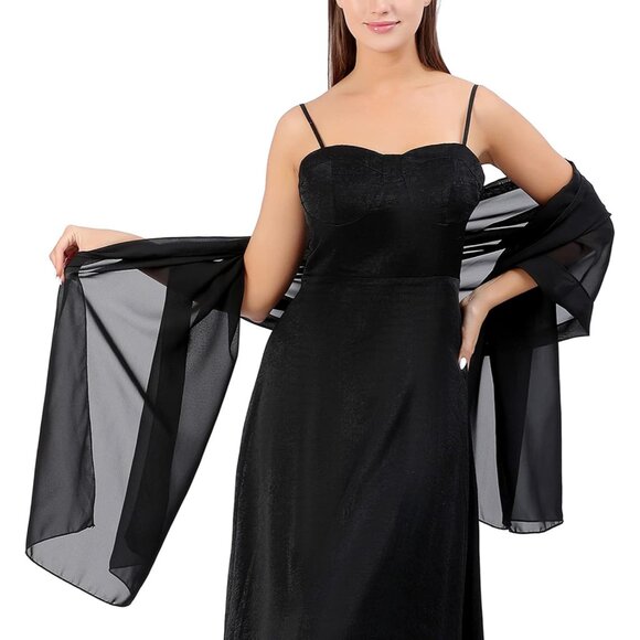 Women Black Elegant Soft Sheer Chiffon Stole Bride Wedding Shawls and Wraps - Picture 3 of 7